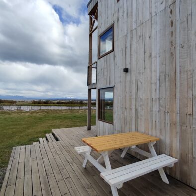 Exterior terrace and picnic table at Casa Lenga, Puerto Natales, Patagonia