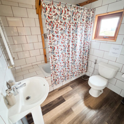 Bathroom with shower and curtain at Casa Lenga holiday home, Puerto Natales